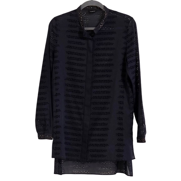 Akris Tops - Akris Navy Blue Eyelet Sheer Long Sleeve Tunic Shirt Top Women's US 10 Button Up